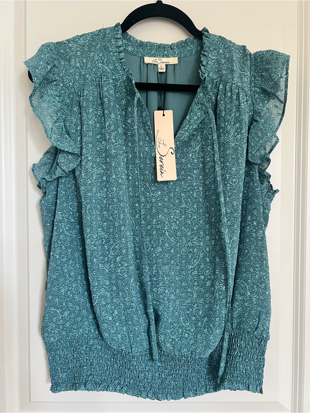 Le Sarai Teal Paisley Ruffle Sleeve Blouse